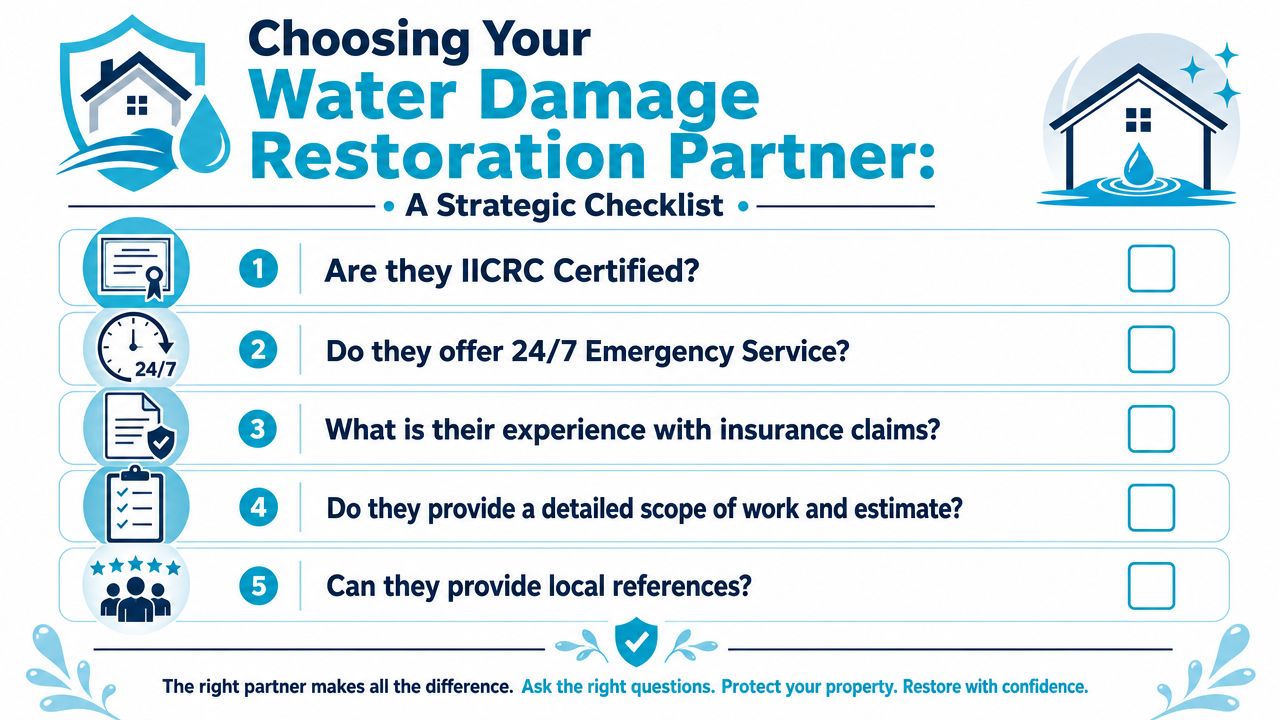 A strategic checklist infographic for choosing a professional water damage restoration service provider for your property.