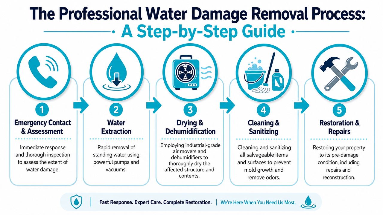 A five-step infographic explaining the professional process of water damage removal, restoration, and property repair services.