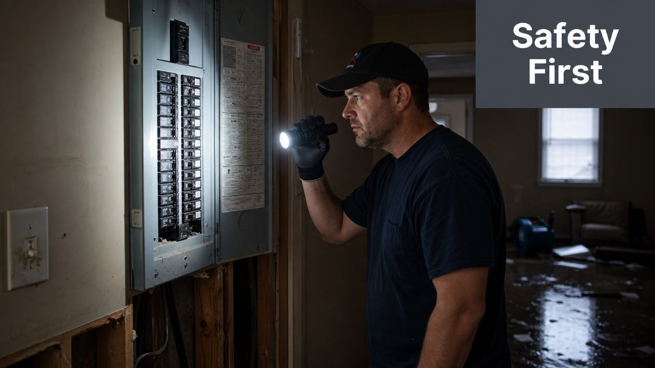 A professional electrician inspecting a home electrical circuit breaker panel during water removal services in a house.