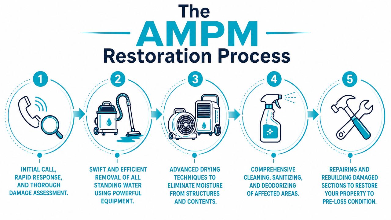 A step-by-step infographic showing the five stages of the AMPM property restoration and water damage process.