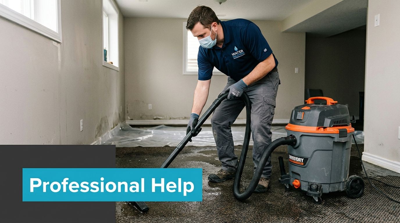 A professional water restoration worker using a heavy-duty industrial vacuum to remove water from a flooded carpet.