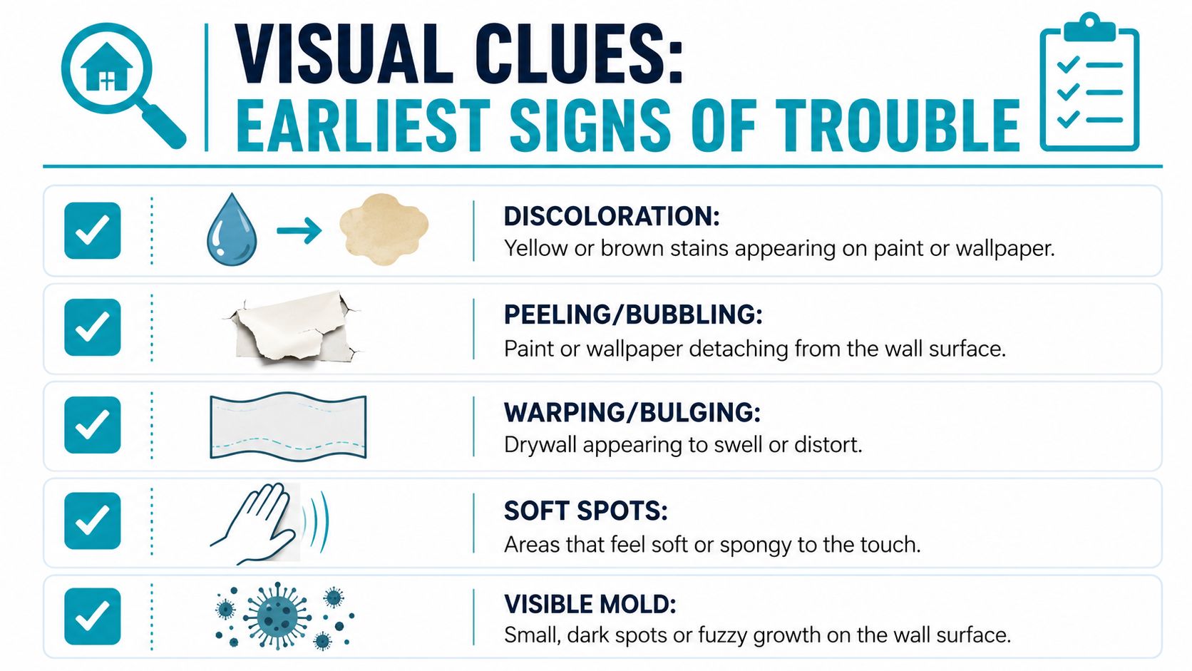 A graphic listing the five earliest visual signs of water damage behind drywall, including mold and warping.