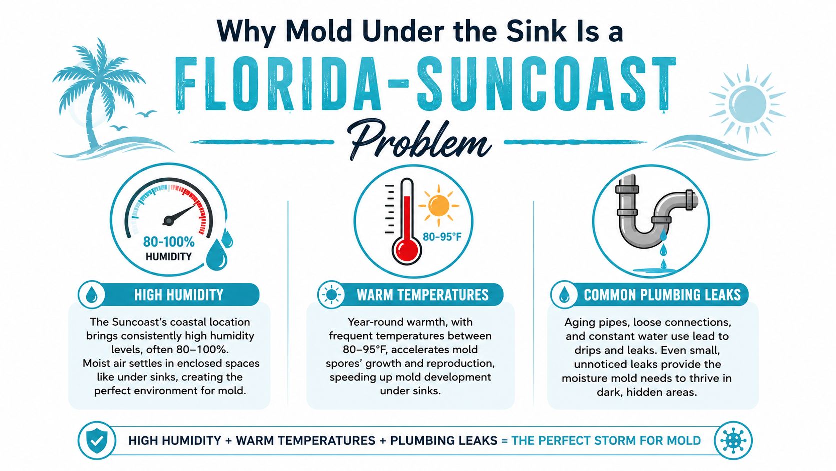 An infographic explaining why Florida Suncoast homes are prone to developing mold growth under kitchen sinks.