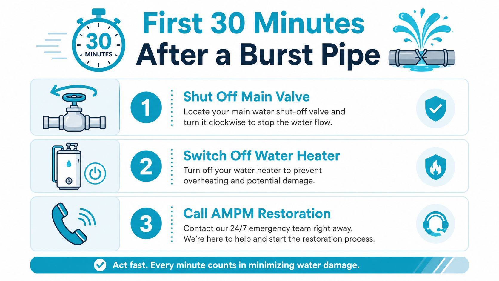 An infographic showing the three essential steps to take during the first thirty minutes of a pipe burst.