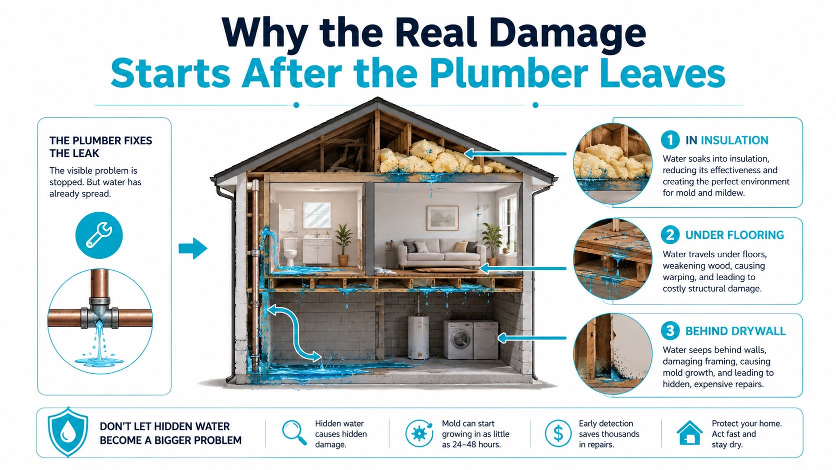 A diagram illustrating how water from a burst pipe causes hidden structural damage behind walls and flooring.