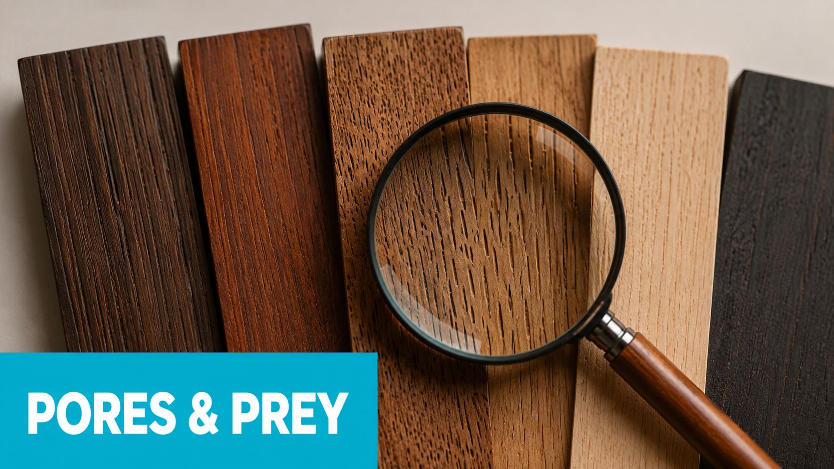 A magnifying glass resting on various wood samples displaying distinct wood grain textures and natural pore patterns.