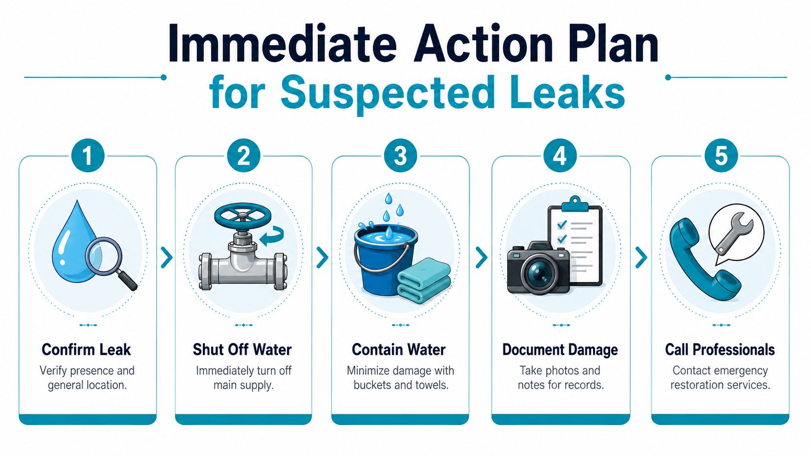 A five-step infographic guide detailing the immediate actions to take when encountering a household water leak.