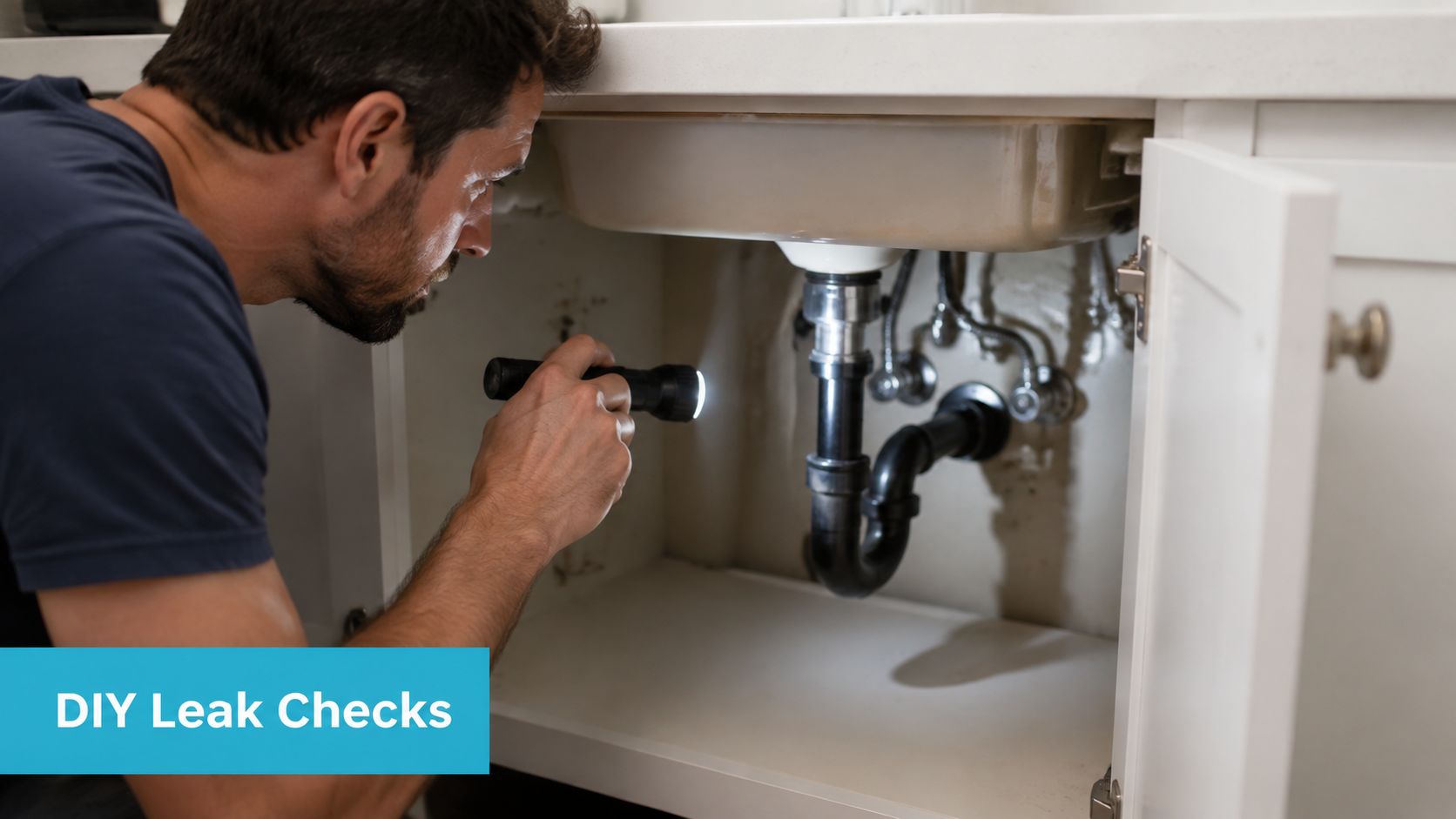 A man using a flashlight to inspect plumbing pipes under a kitchen sink for potential water leaks.