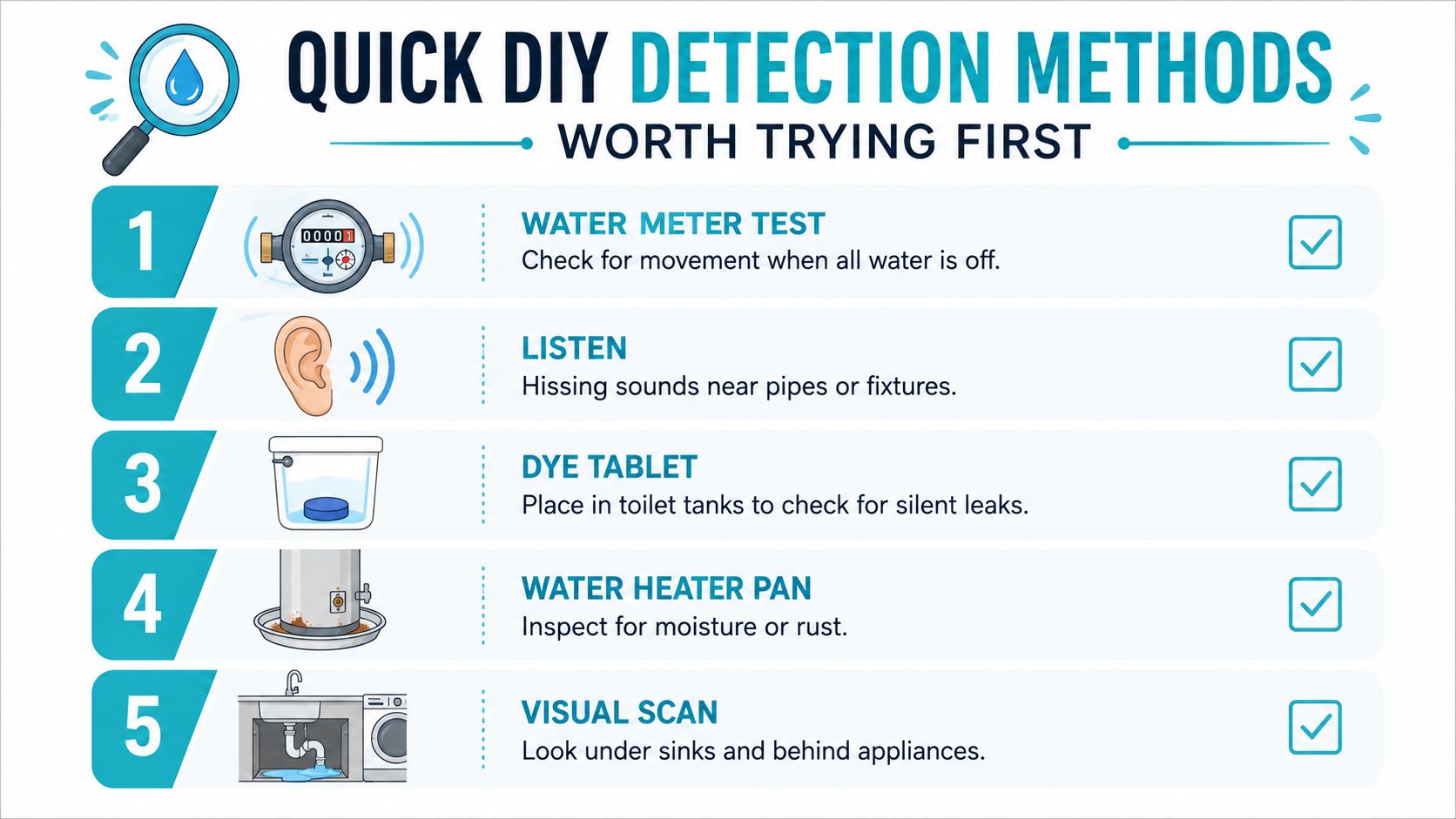 A list of five quick DIY methods for detecting household water leaks, featuring simple icons and instructions.
