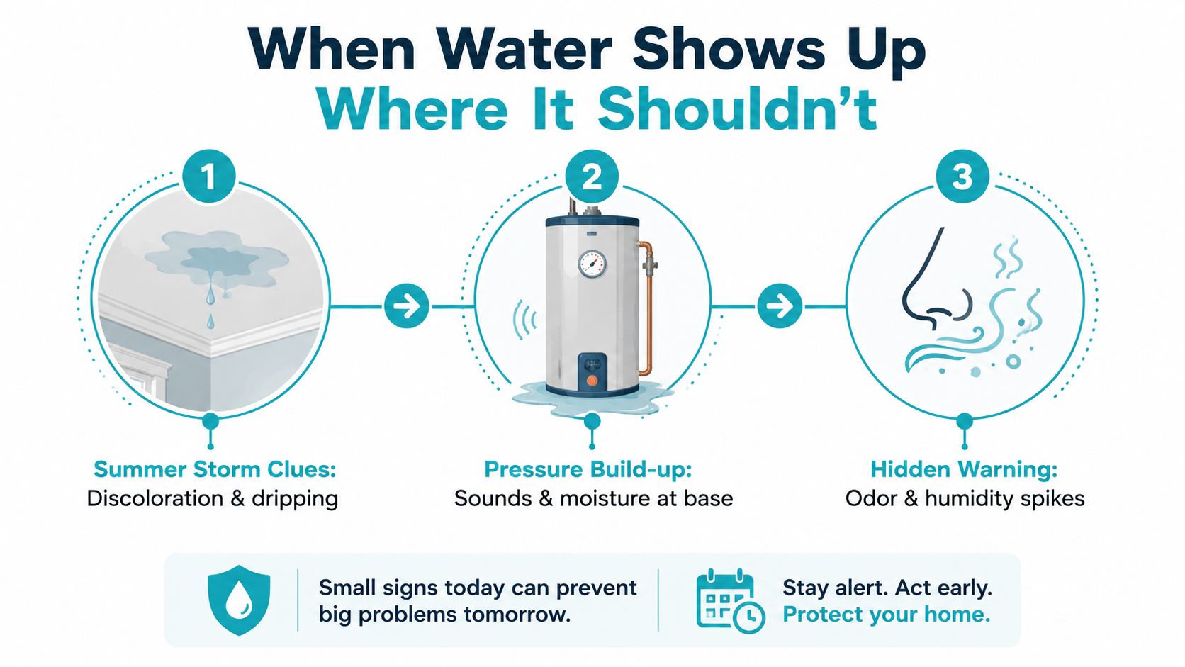 An infographic illustrating three signs of household water leaks including ceiling drips, water heater moisture, and strange odors.