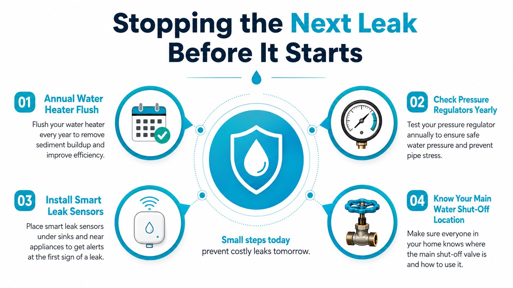 An infographic titled Stopping the Next Leak Before It Starts, showing four home maintenance tips for water damage prevention.