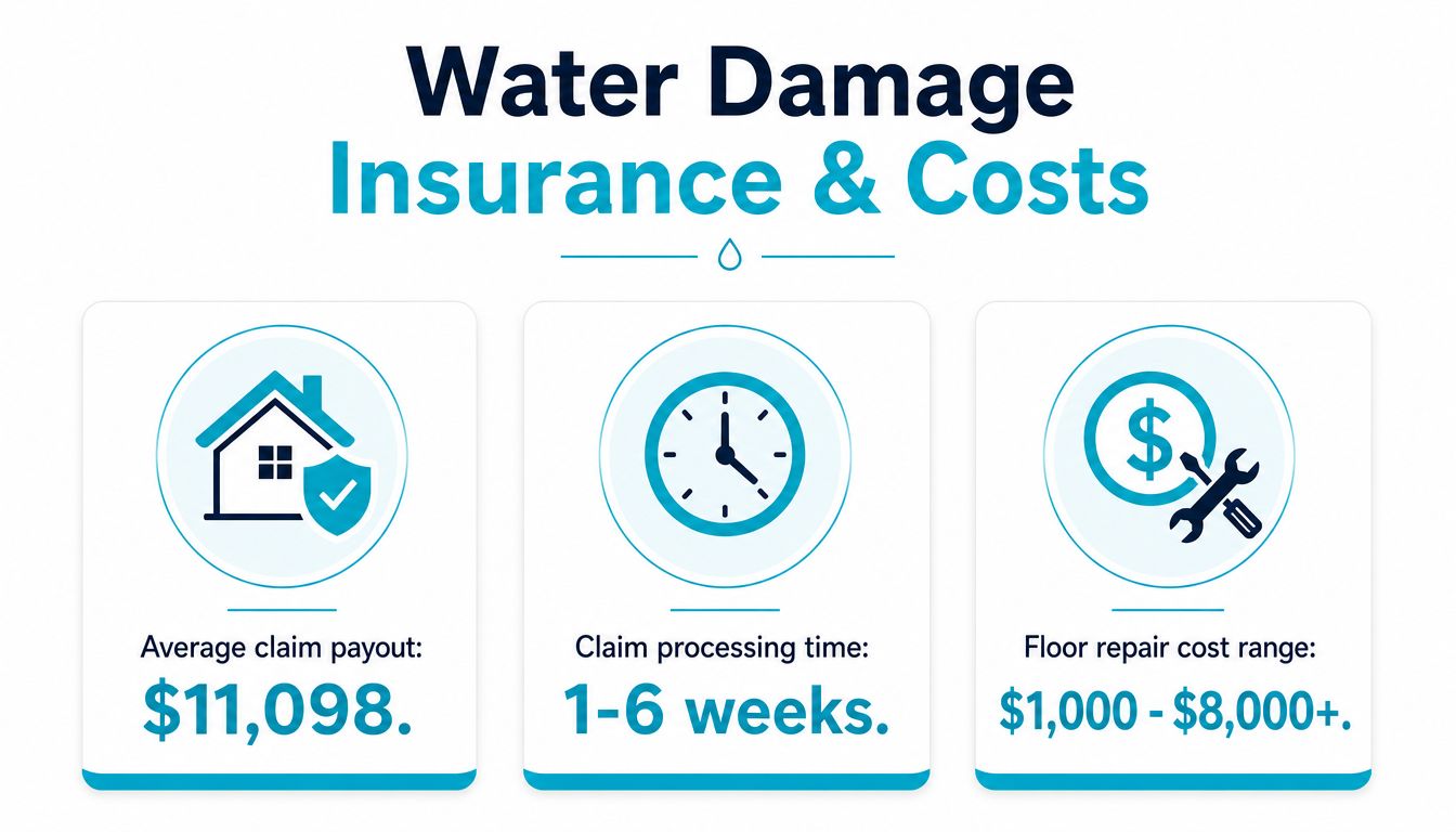An infographic showing water damage insurance statistics, including average claim payouts, processing times, and floor repair cost ranges.
