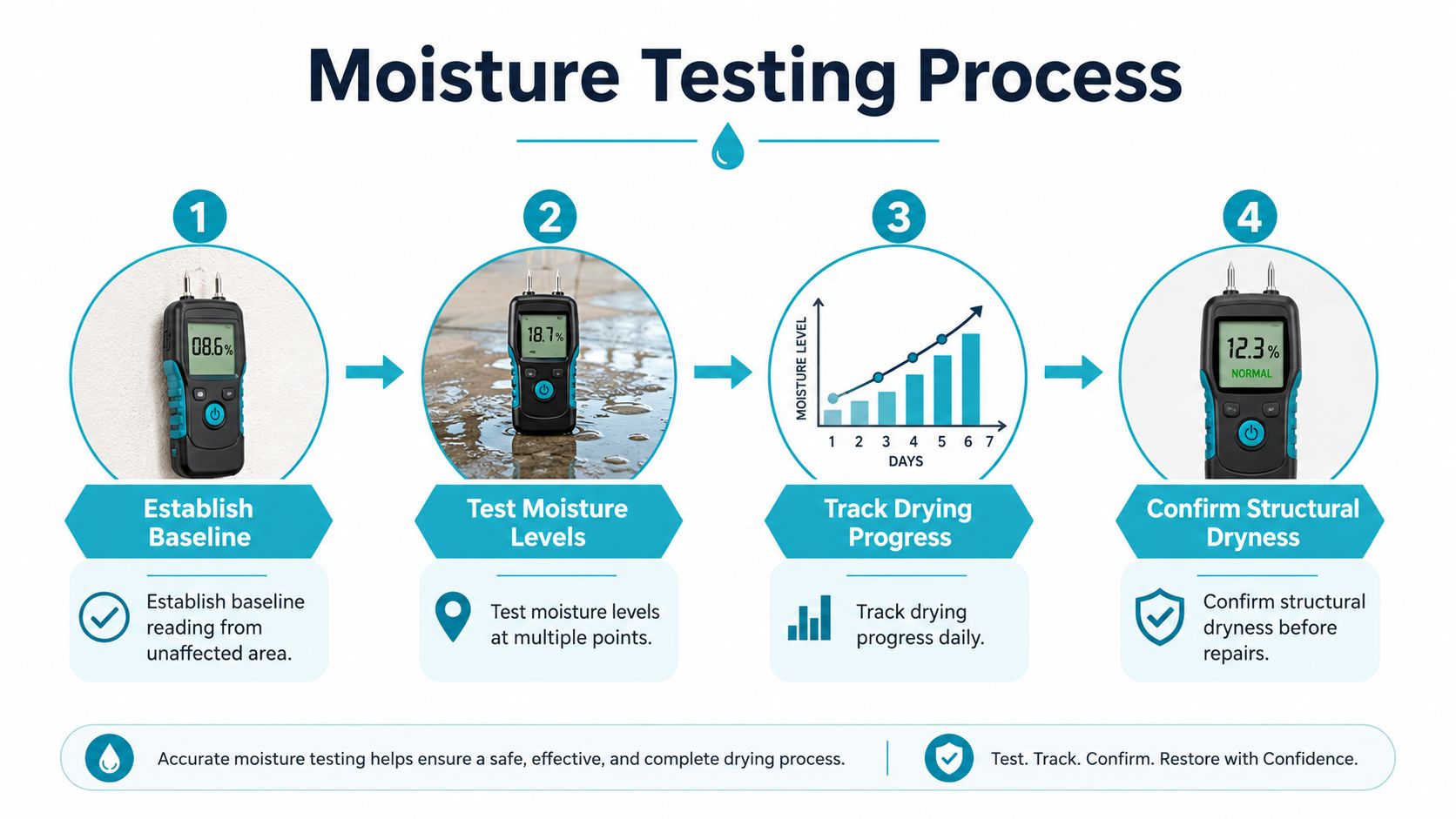 A diagram outlining a four-step moisture testing process for professional water damage remediation and structural drying.
