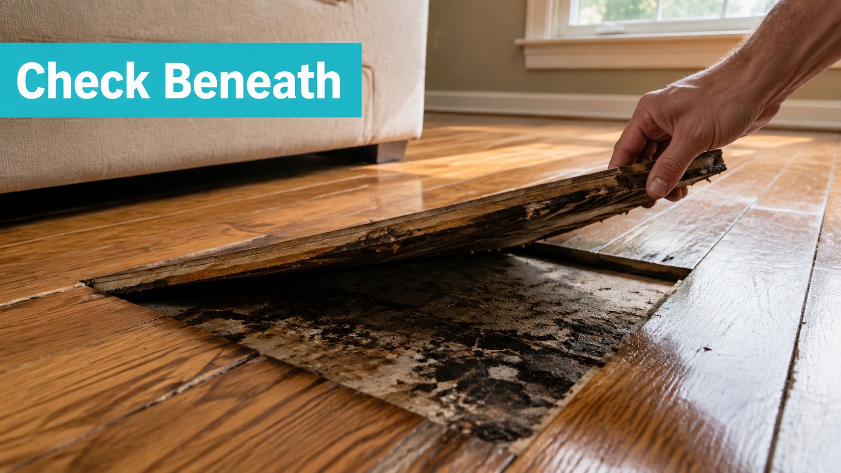 A person lifting a damaged hardwood floor plank to reveal severe dark water damage underneath.