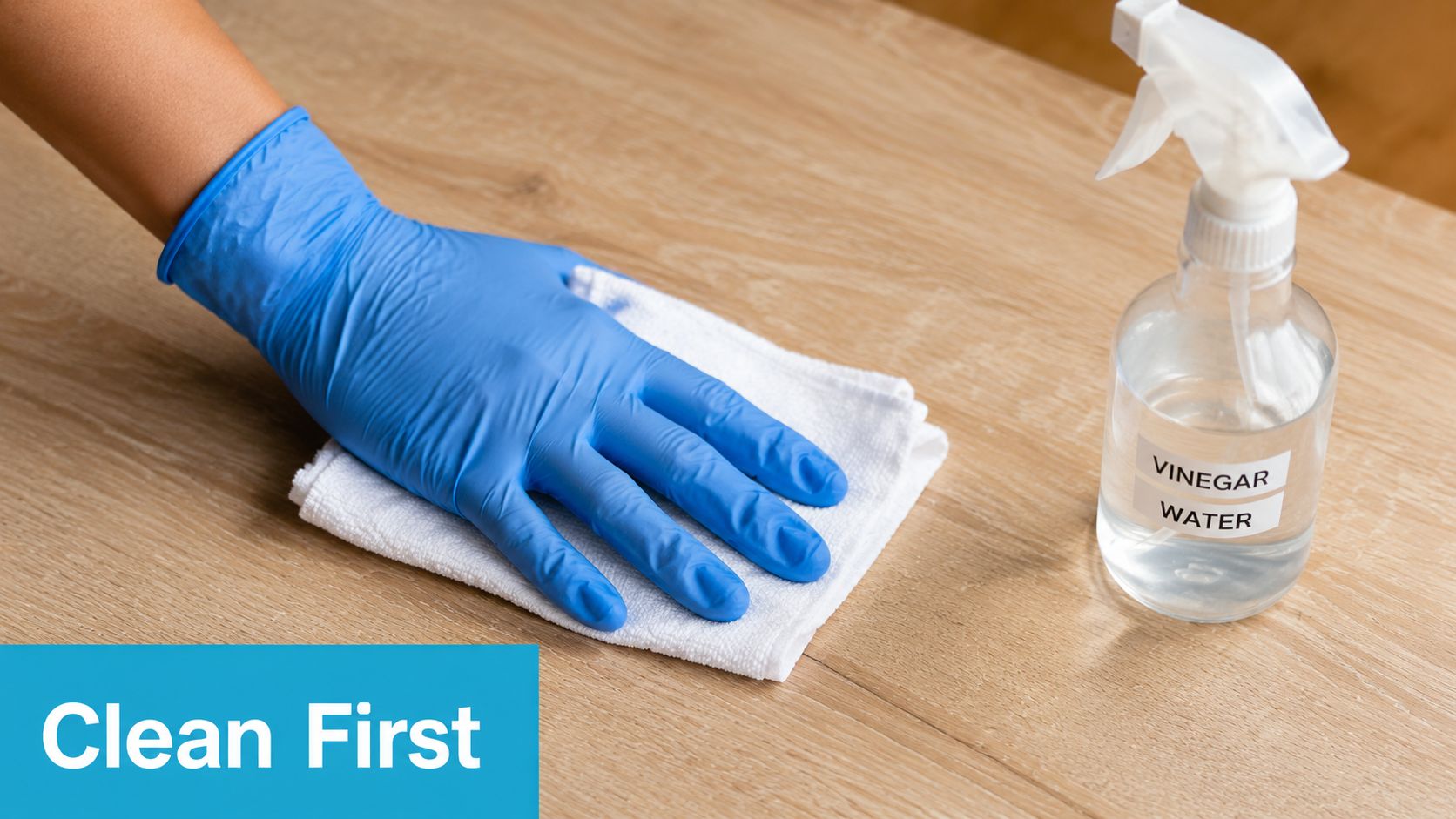 A hand wearing a blue rubber glove cleaning a wooden surface with a white cloth and vinegar solution.