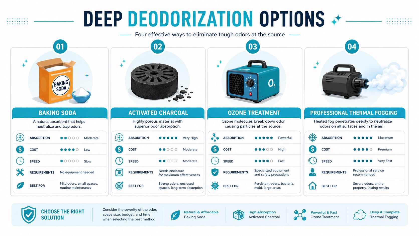 An infographic comparing four methods for deep deodorization including baking soda, activated charcoal, ozone treatment, and thermal fogging.
