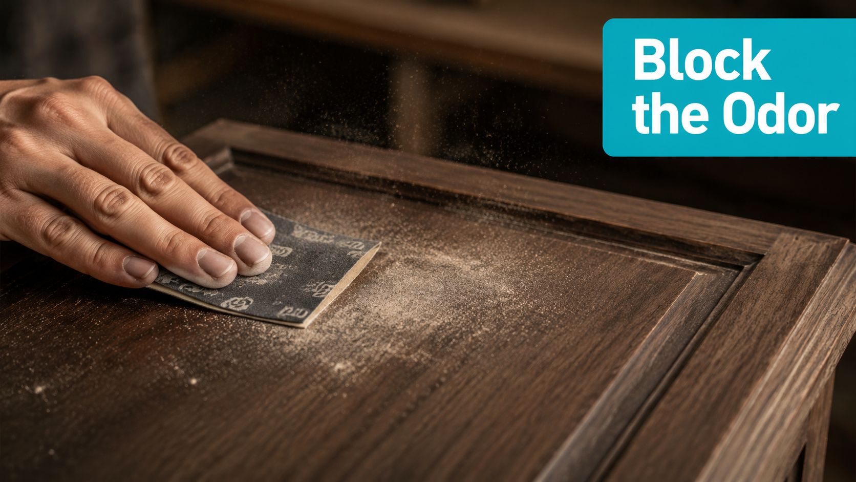 A close-up of a person's hand sanding a wooden surface to remove smoke odor residue.