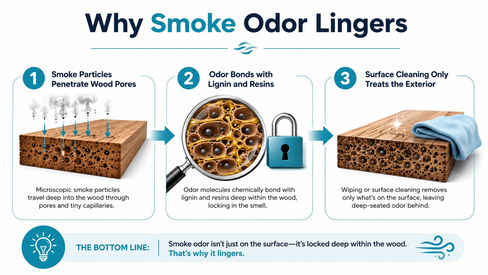 A diagram illustrating why smoke odor persists in wood by explaining how particles penetrate and bond internally.