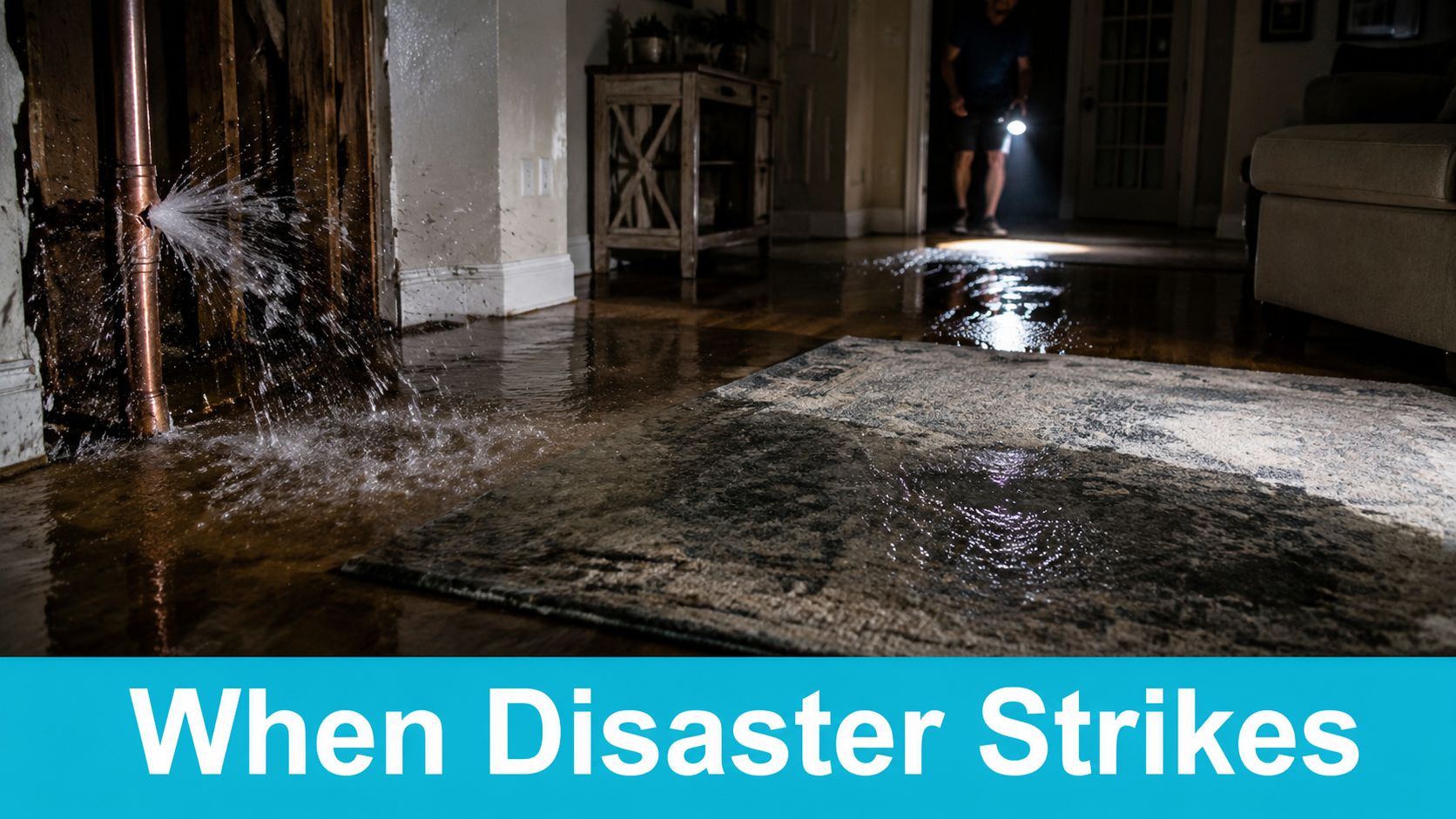 A person using a flashlight to inspect severe water damage and a burst pipe inside a house.