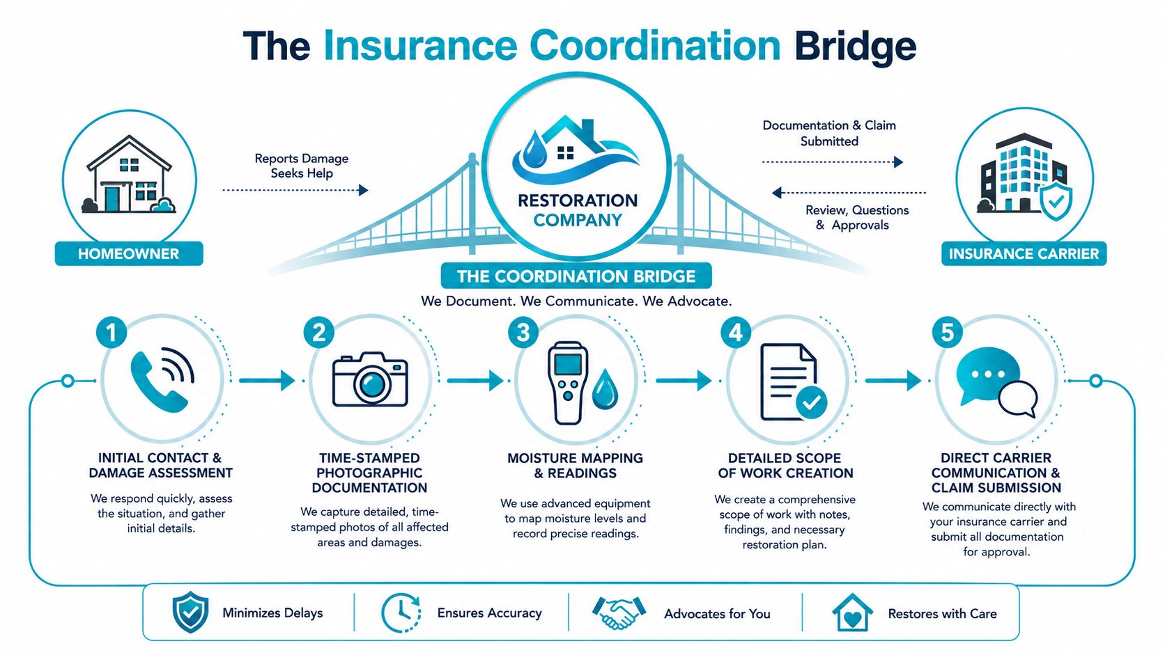 A diagram illustrating the insurance coordination process between a homeowner, a restoration company, and an insurance carrier.