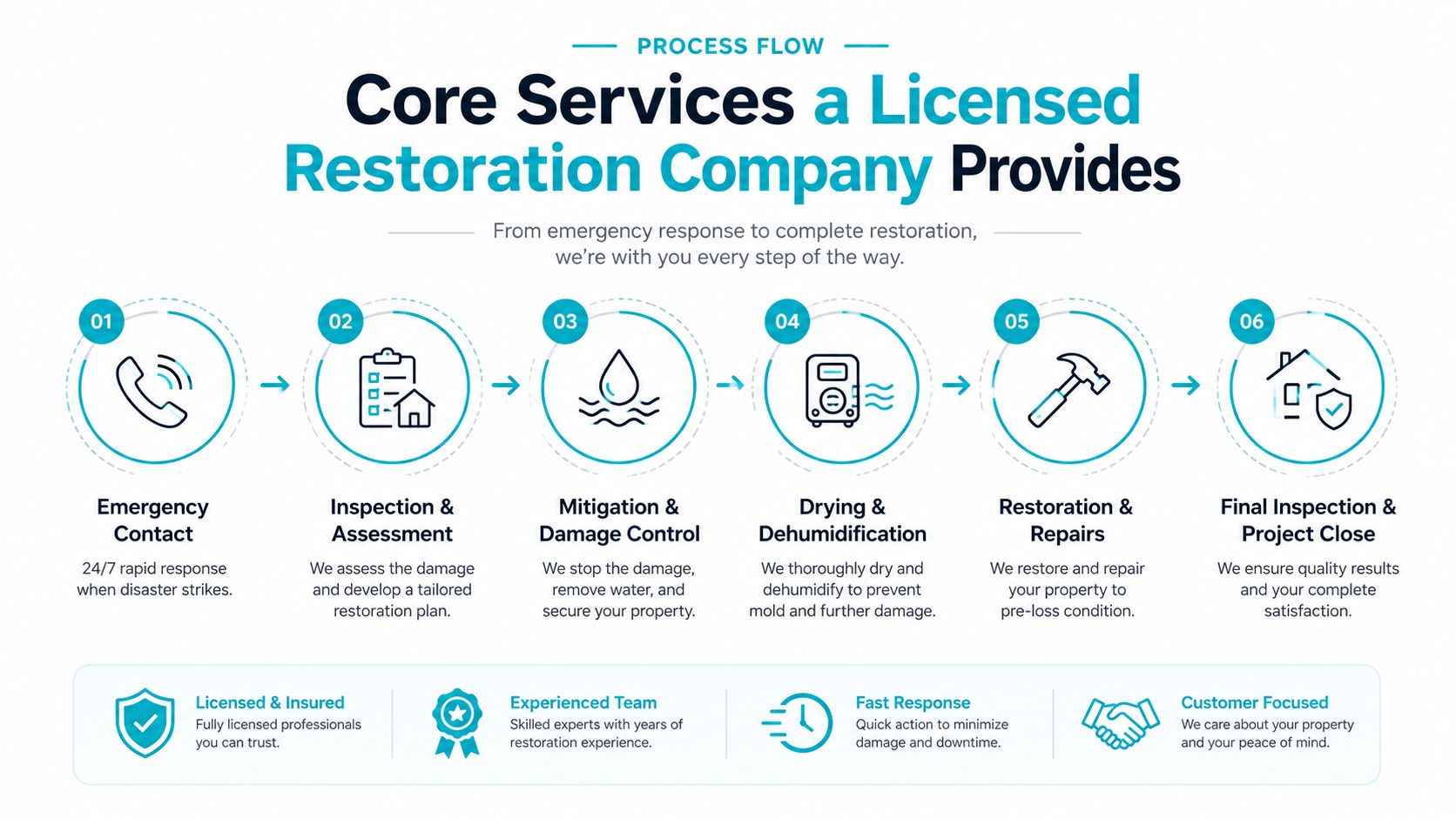 A process flow infographic showing the six steps a licensed restoration company takes from emergency contact to project close.