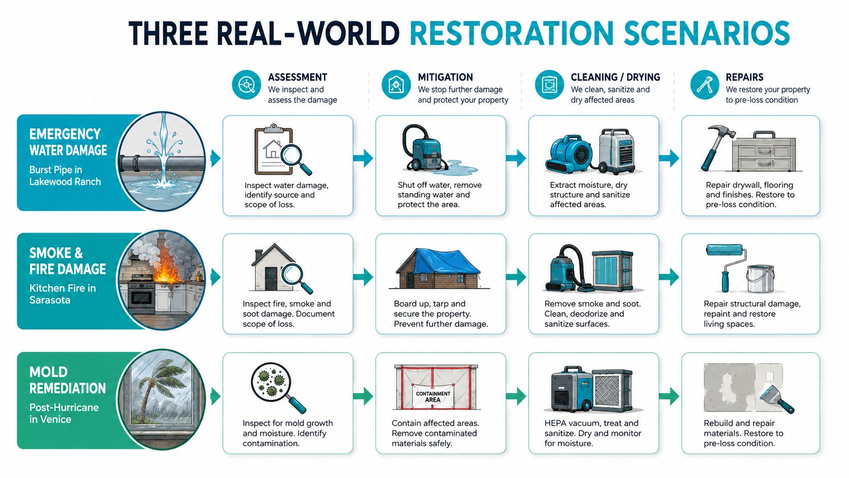 A diagram illustrating the restoration process for water, fire, and mold damage in three scenarios.