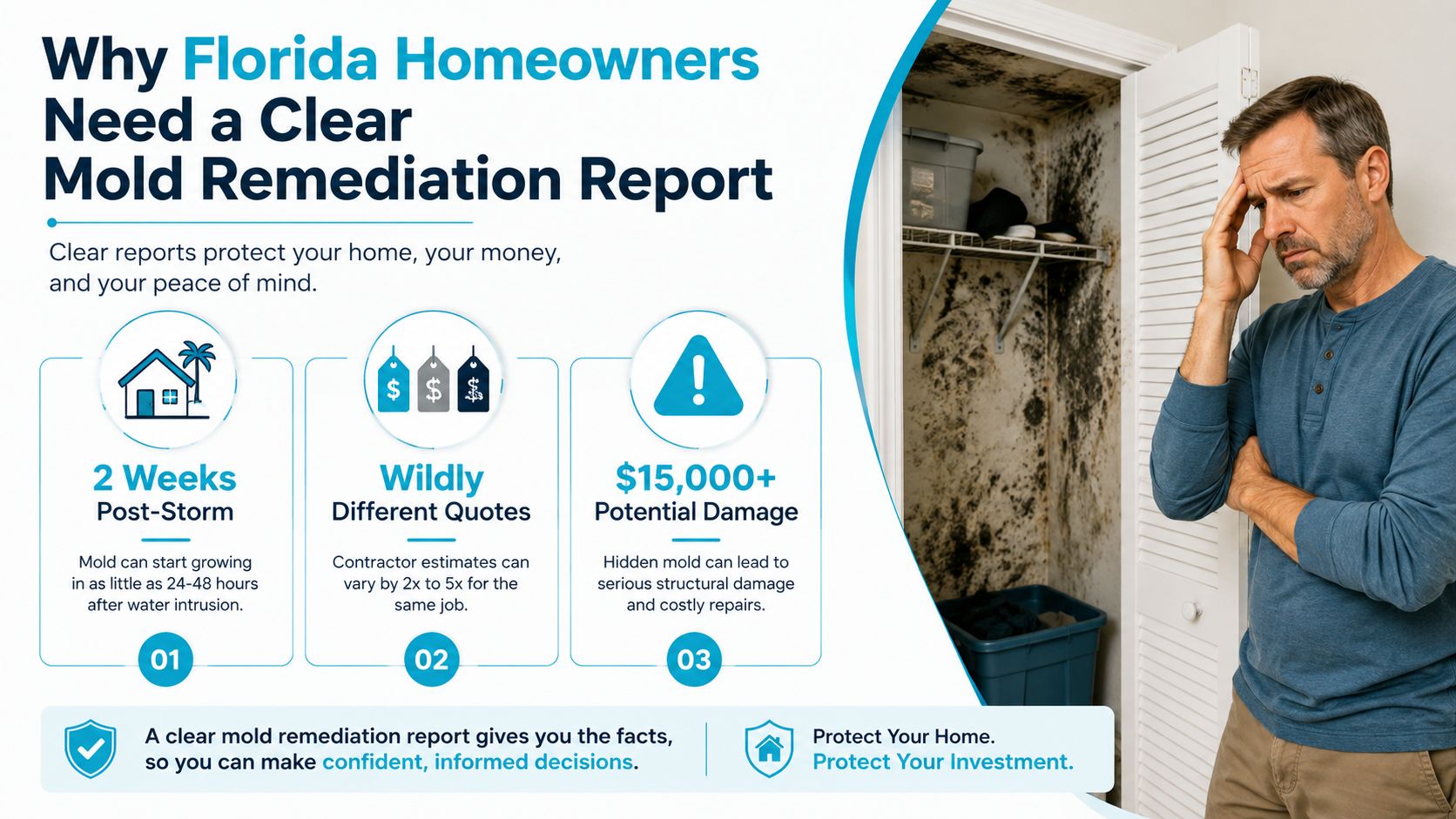 A concerned Florida homeowner looks at a closet filled with black mold damage inside his home.