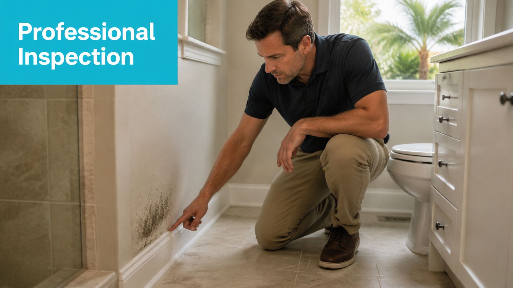 A professional inspector in a bathroom pointing at a spot of black mold on the wall.