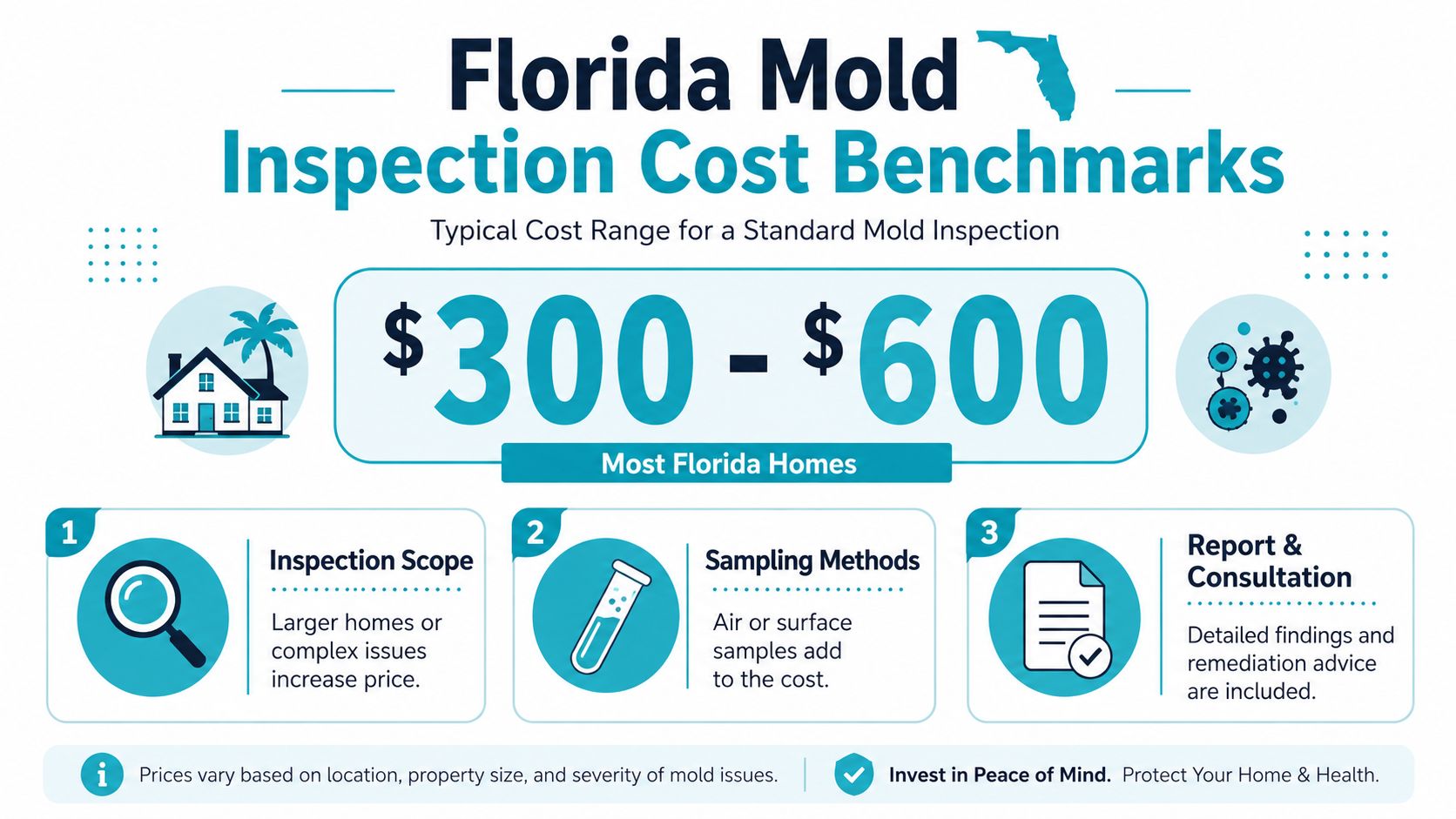 An infographic detailing the typical cost range of $300 to $600 for professional mold inspections in Florida.