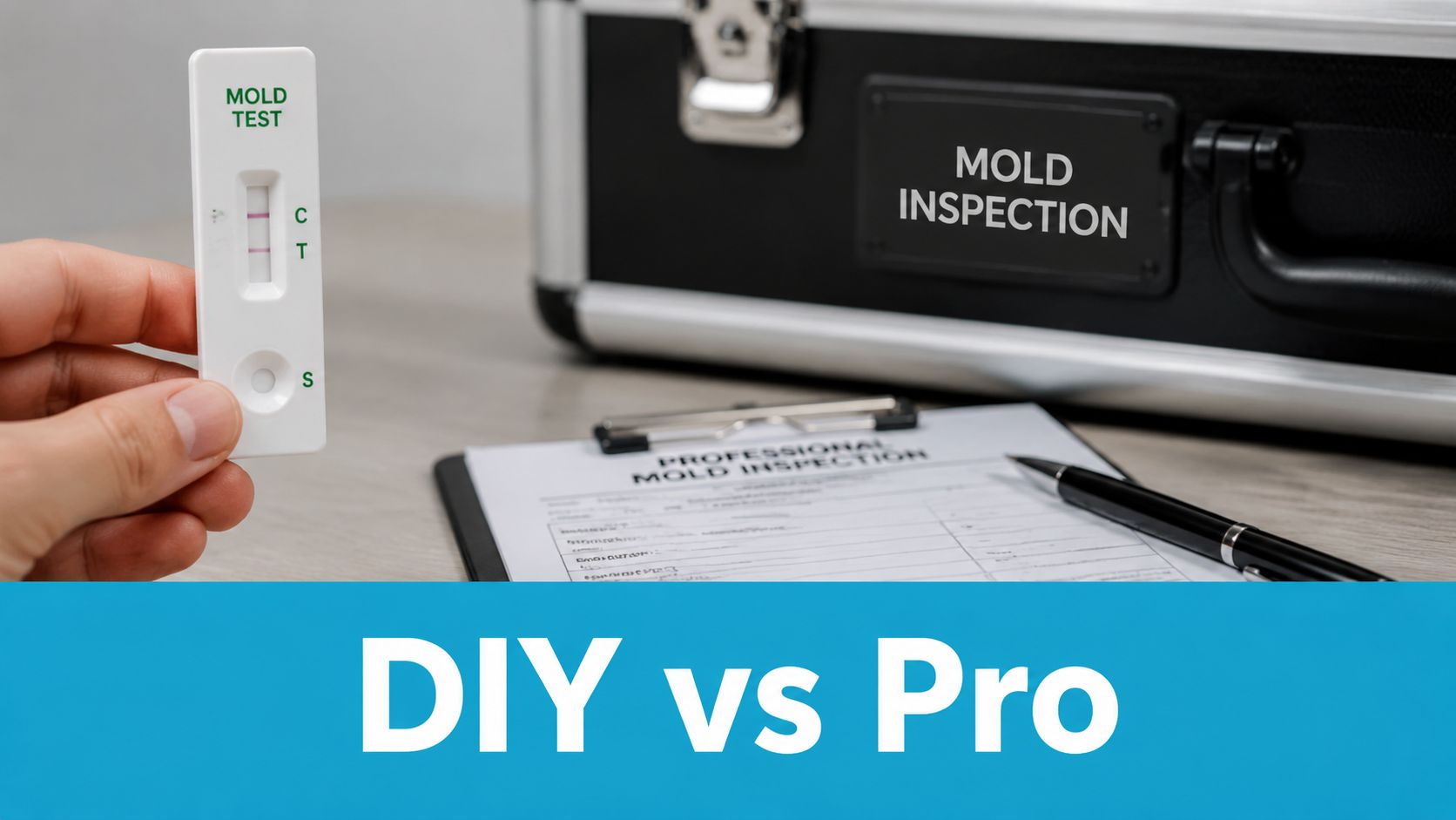 A hand holds a positive mold test kit next to a professional mold inspection case and clipboard.