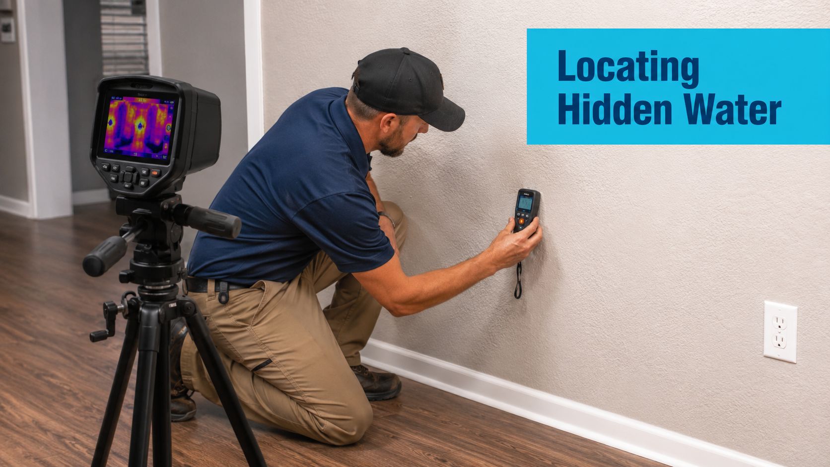 A professional technician using infrared thermal imaging and a moisture meter to detect hidden water damage in walls.