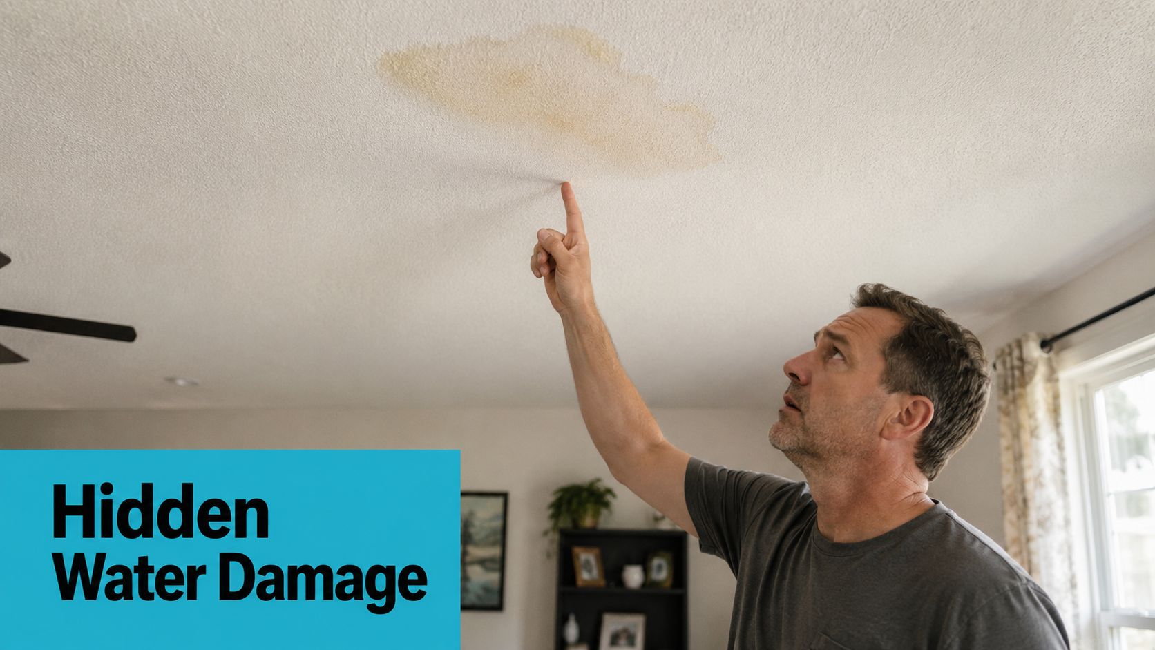 A concerned man points his finger at a large water stain on the residential ceiling.