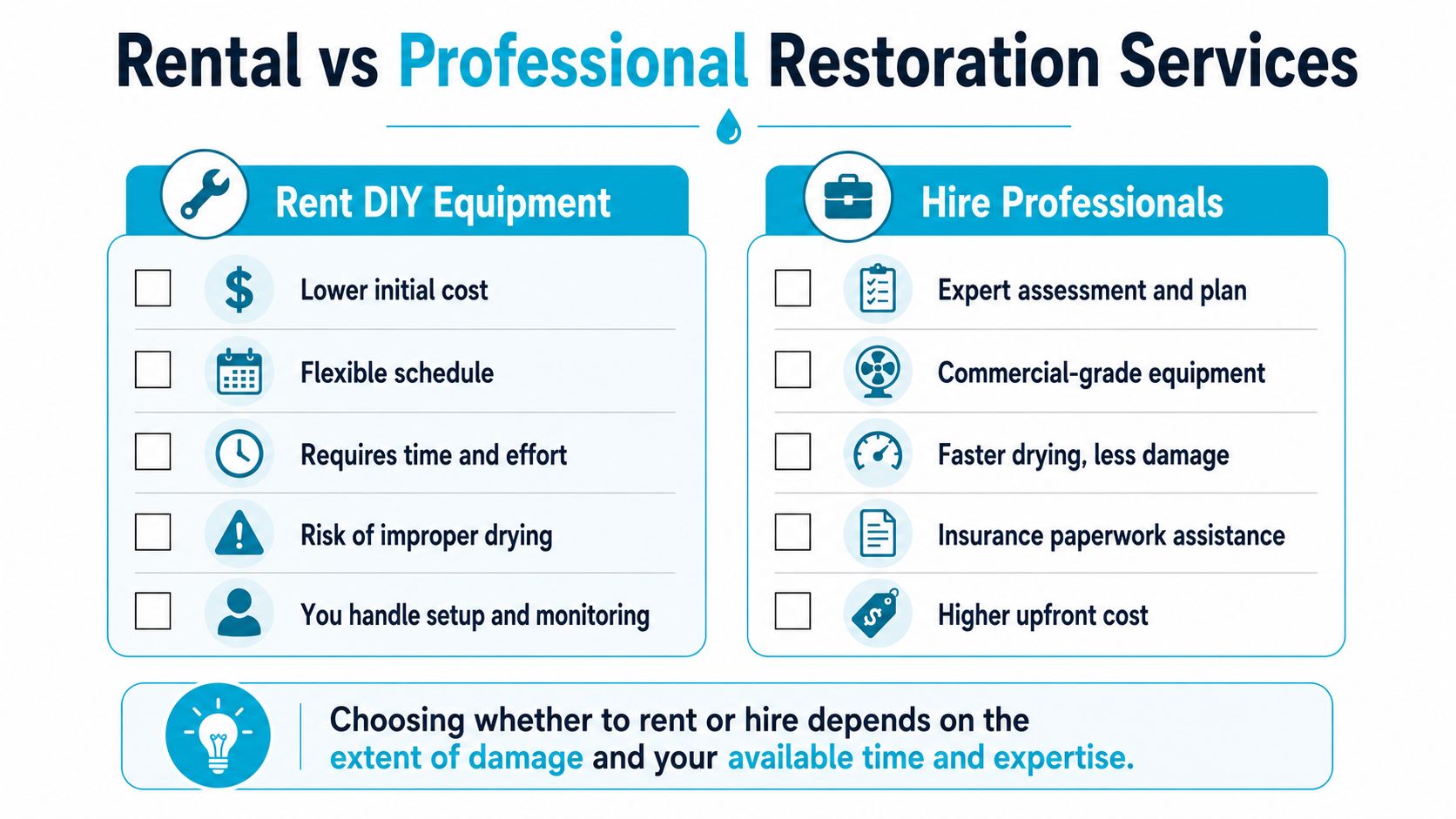 A comparison chart outlining the pros and cons of renting DIY drying equipment versus hiring professional restoration services.