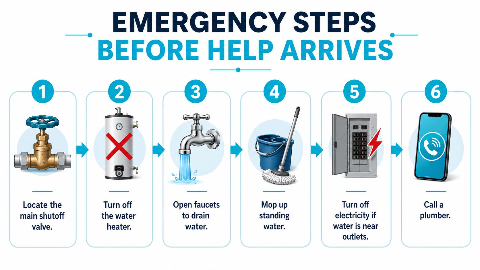 A six-step infographic guide explaining emergency procedures to follow before a professional plumber arrives for repairs.