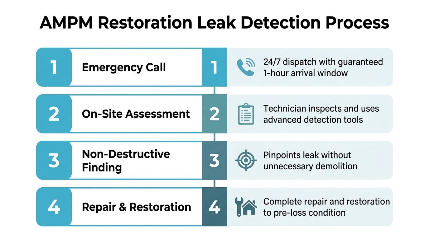 A four-step infographic illustrating the AMPM Restoration leak detection and repair process for residential or commercial properties.