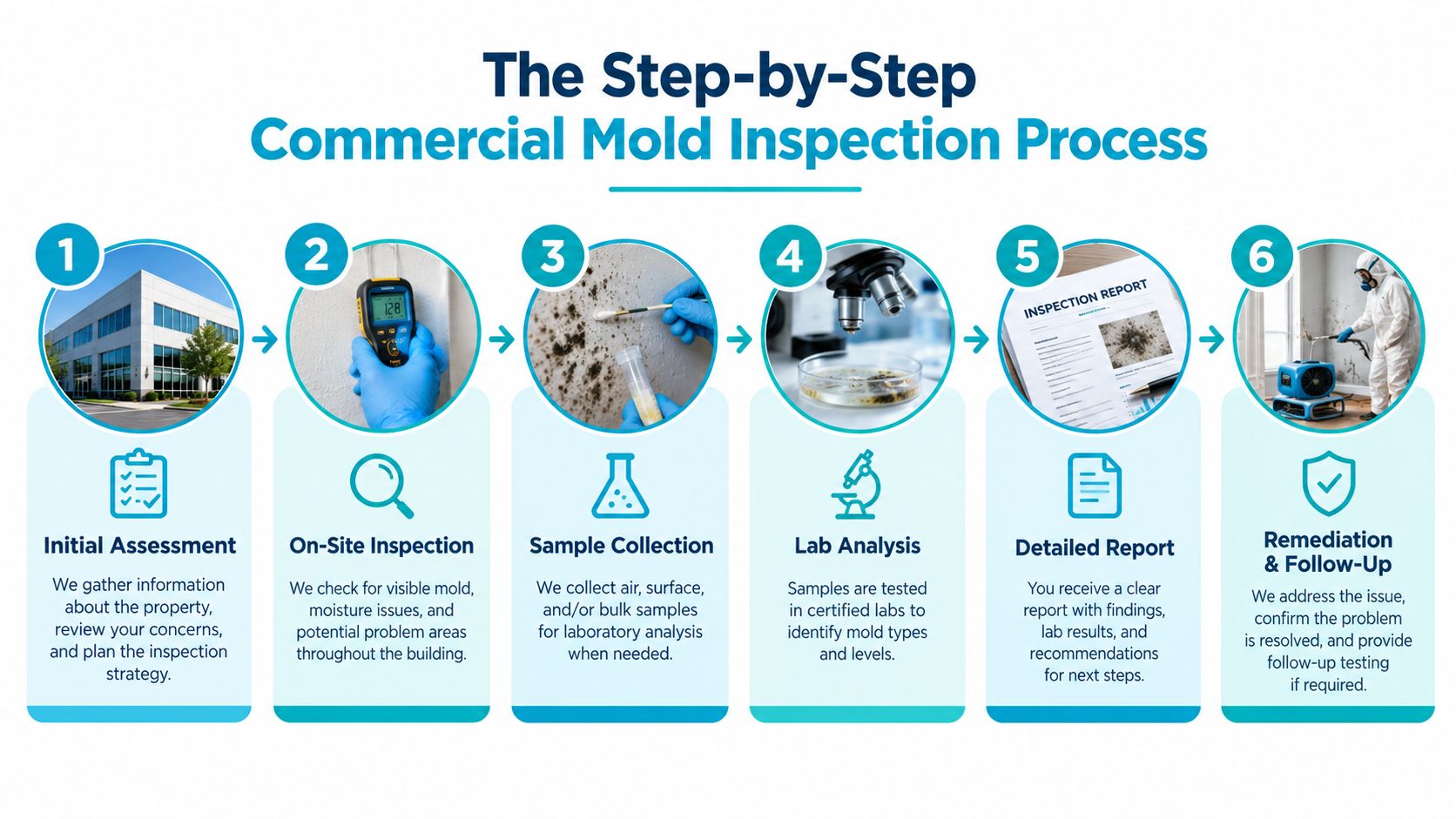 A six-step infographic detailing the professional commercial mold inspection process from initial assessment to final remediation.