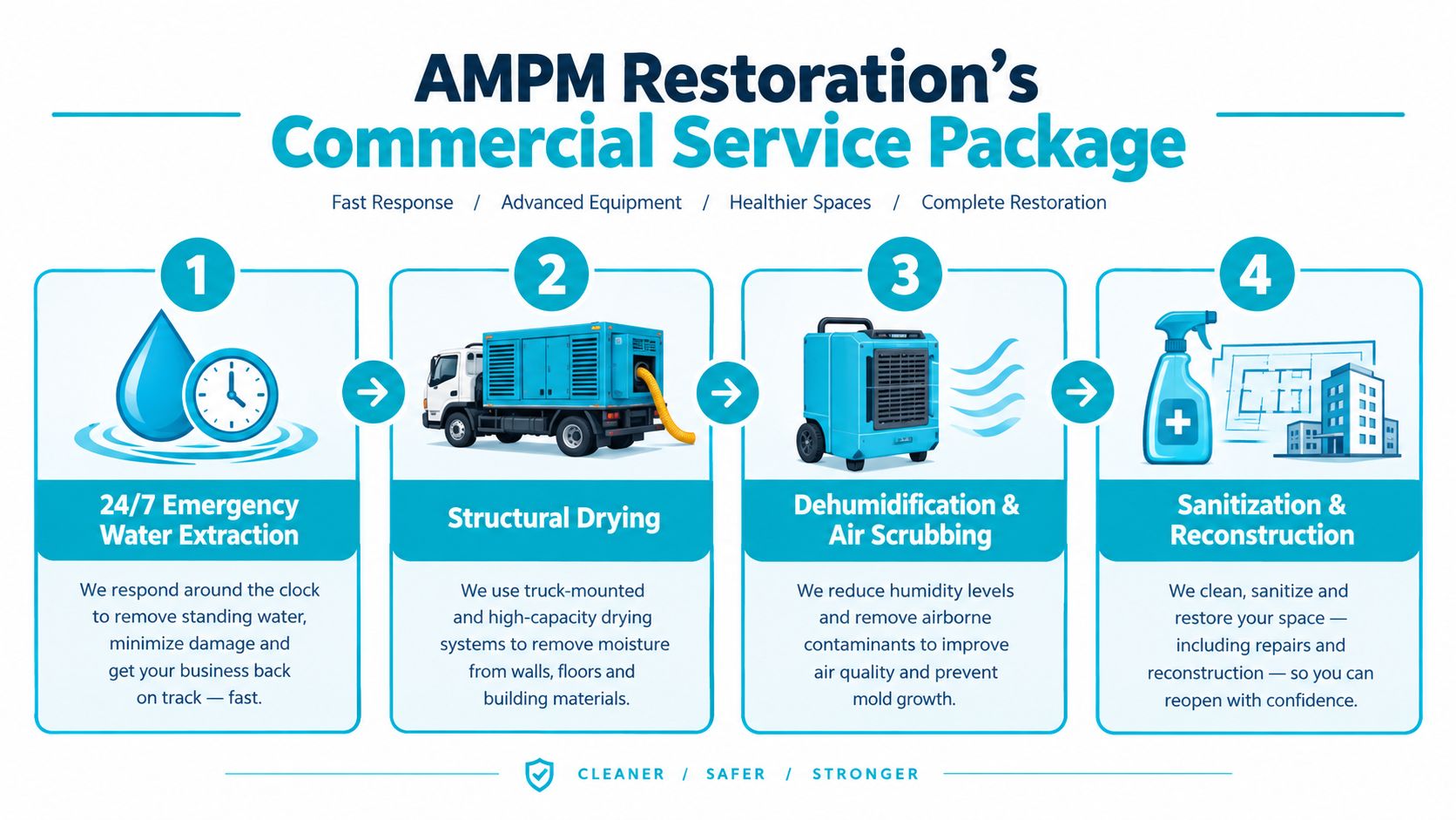 A four-step infographic illustrating the commercial water damage restoration process by AMPM Restoration services.