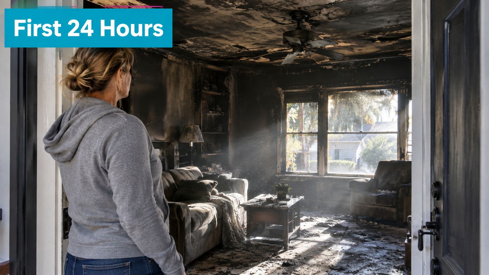 A woman stands in the doorway looking into a living room severely damaged by fire and smoke.