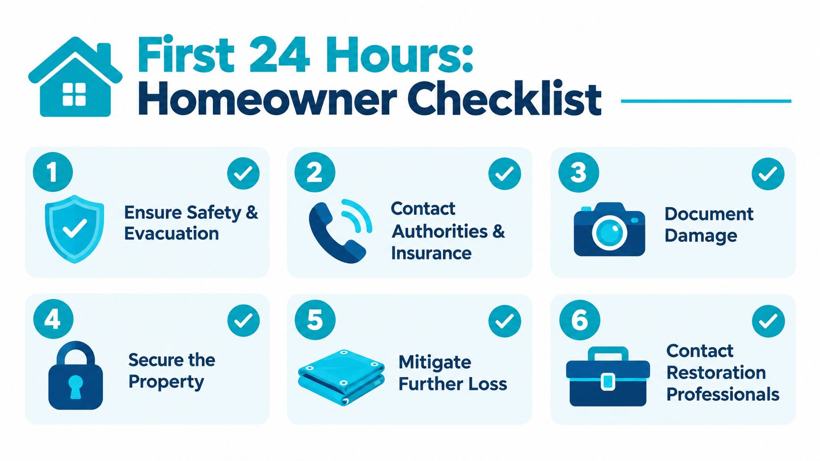A 6-step checklist for homeowners to follow during the first 24 hours after property damage.