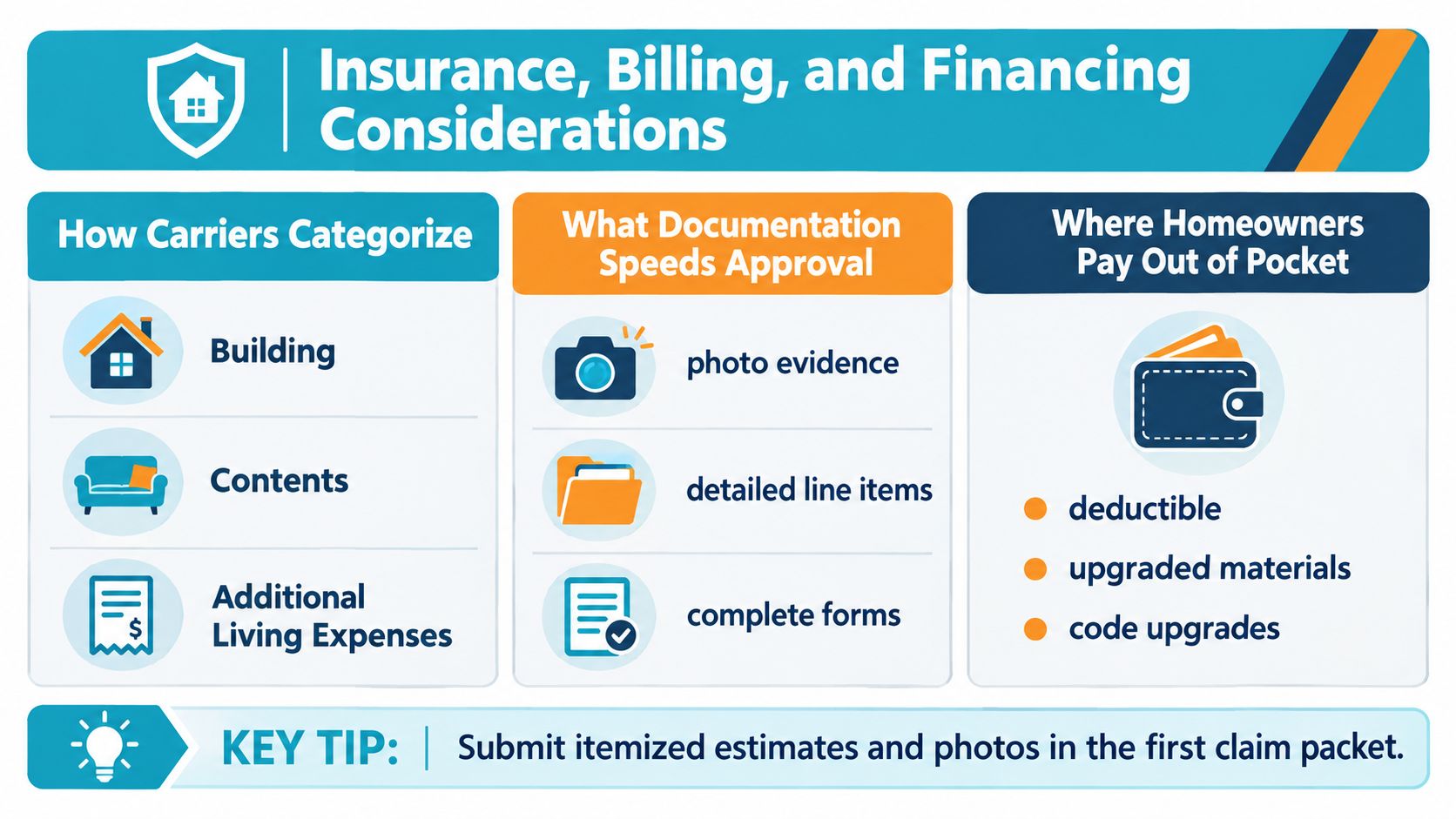 An infographic titled Insurance, Billing, and Financing Considerations explaining insurance claim processes and out-of-pocket homeowner expenses.
