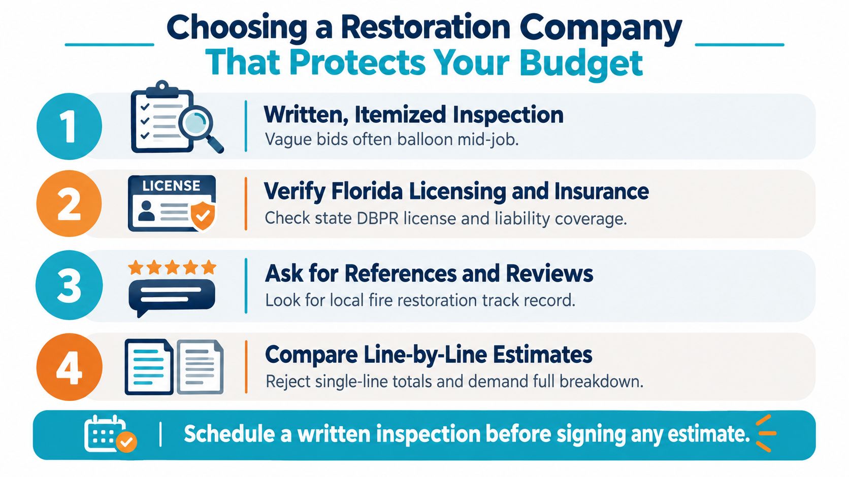 An infographic titled Choosing a Restoration Company That Protects Your Budget with four numbered steps.