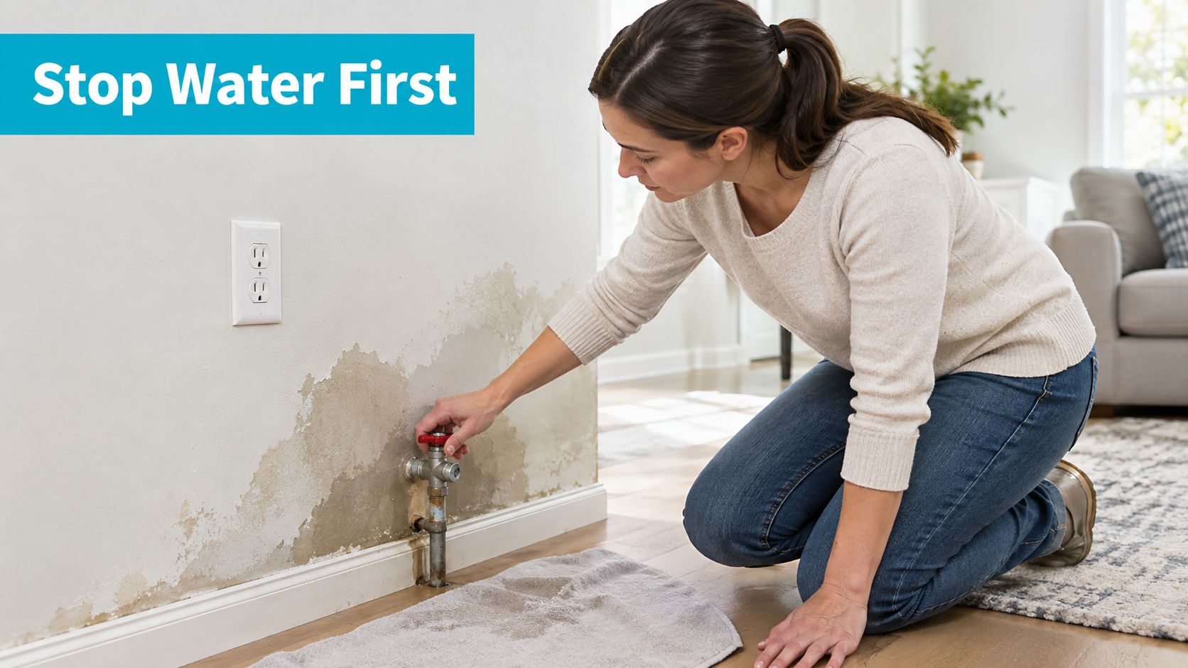 A woman kneeling on the floor to turn off a water shut-off valve near damaged wet drywall.