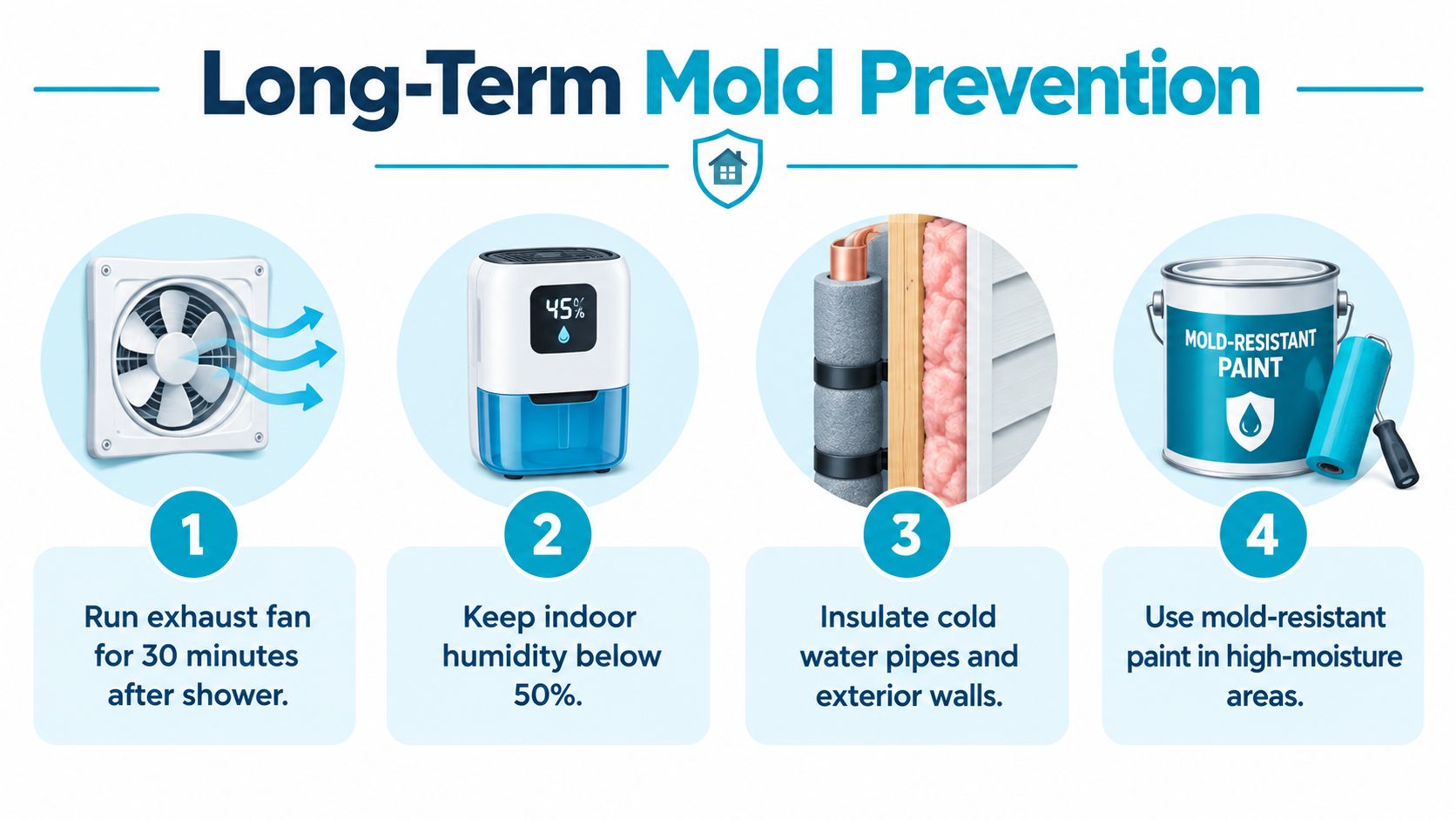 An infographic showing four steps for long-term mold prevention using ventilation, dehumidifiers, insulation, and special paint.