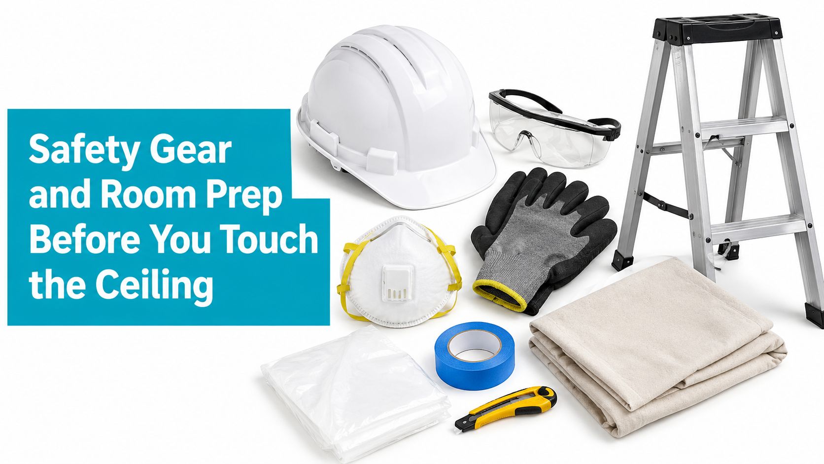 A collection of essential safety equipment and preparation tools for cleaning or working on ceilings