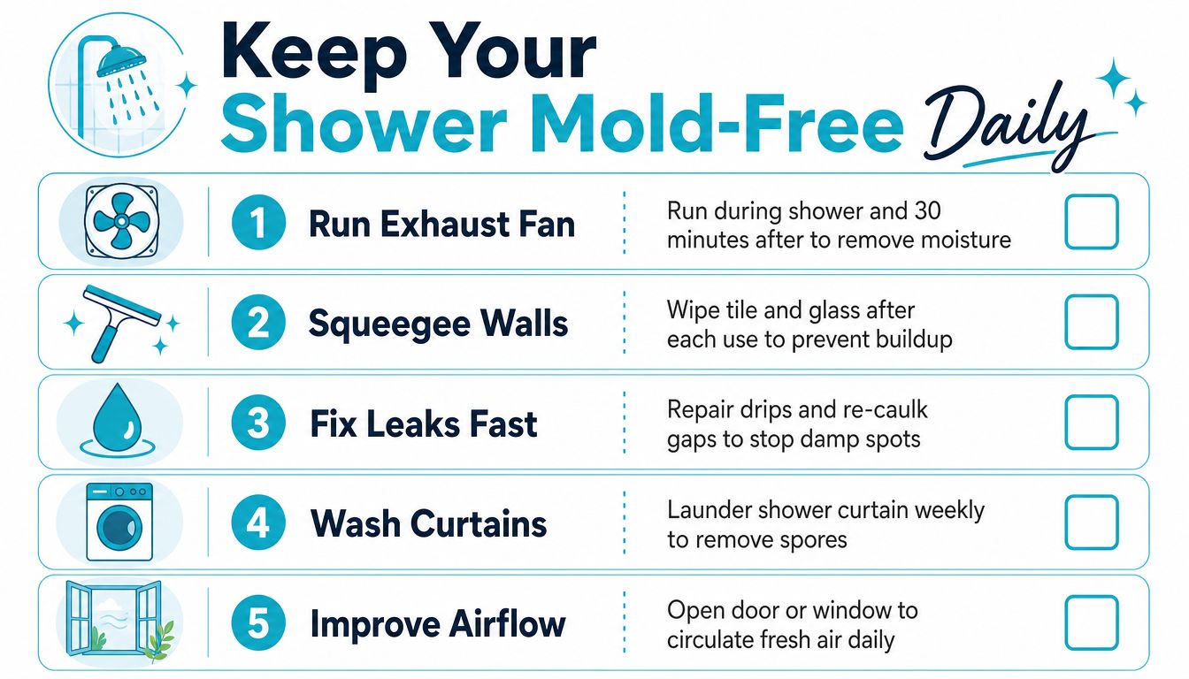 A checklist infographic titled Keep Your Shower Mold-Free Daily with five tips to prevent bathroom mold.