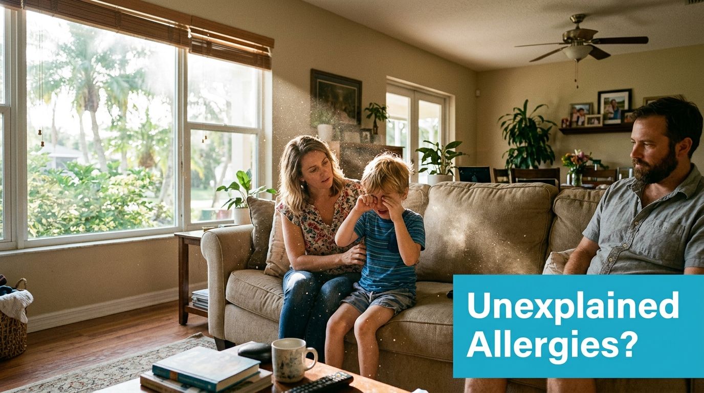 A concerned mother comforts her young son rubbing his itchy eyes while sitting on a living room sofa.