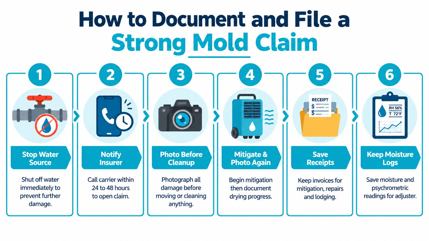 A six-step infographic guide explaining how to document and file a successful insurance claim for mold damage.
