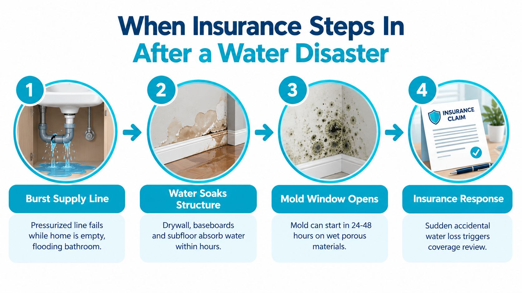 A four-step infographic illustrating how water leaks lead to mold growth and trigger insurance claims.