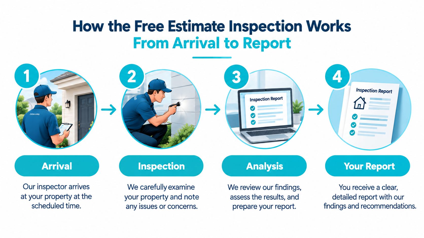 A four-step infographic illustrating the free inspection process from inspector arrival to receiving a detailed digital report.