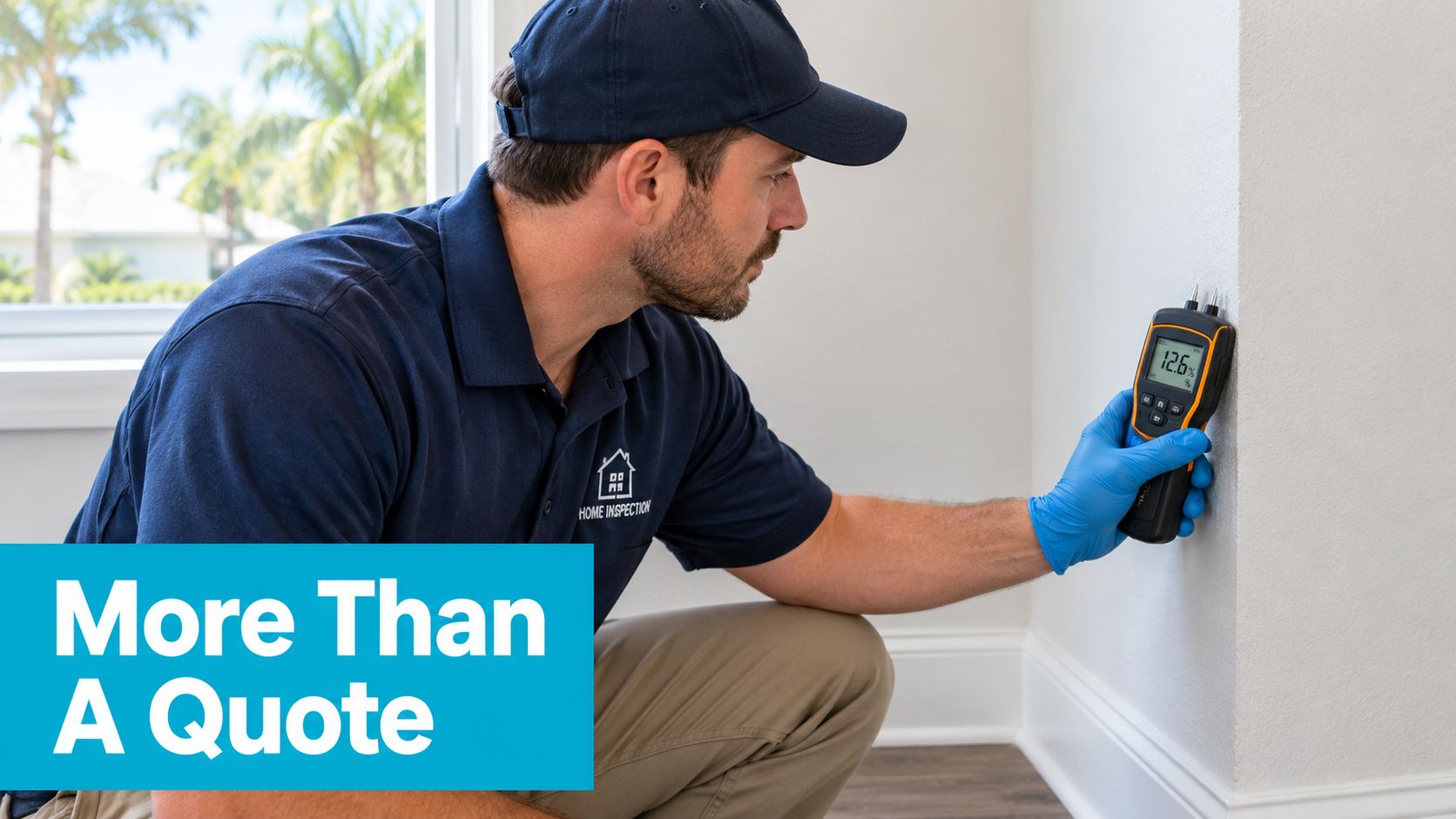 A professional home inspector in a blue shirt uses a digital moisture meter to check wall humidity.